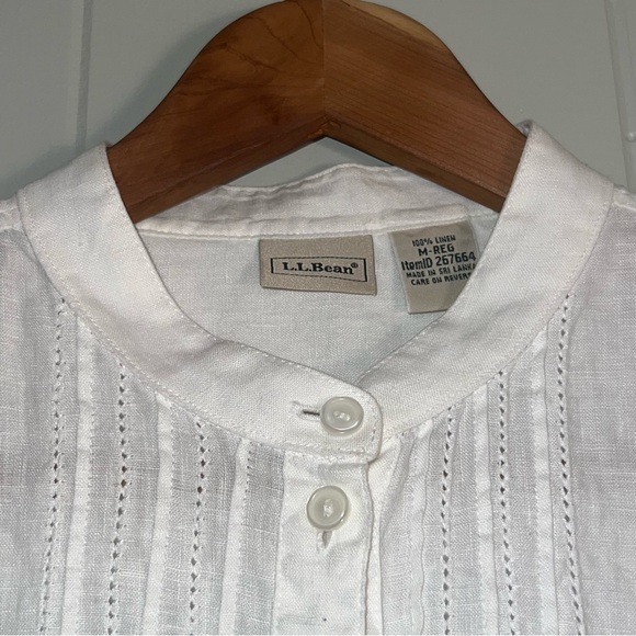 L.L.Bean White Linen Tuxedo Bib Band Collar Button Up Contemporary Prairie Top M - Picture 2 of 16